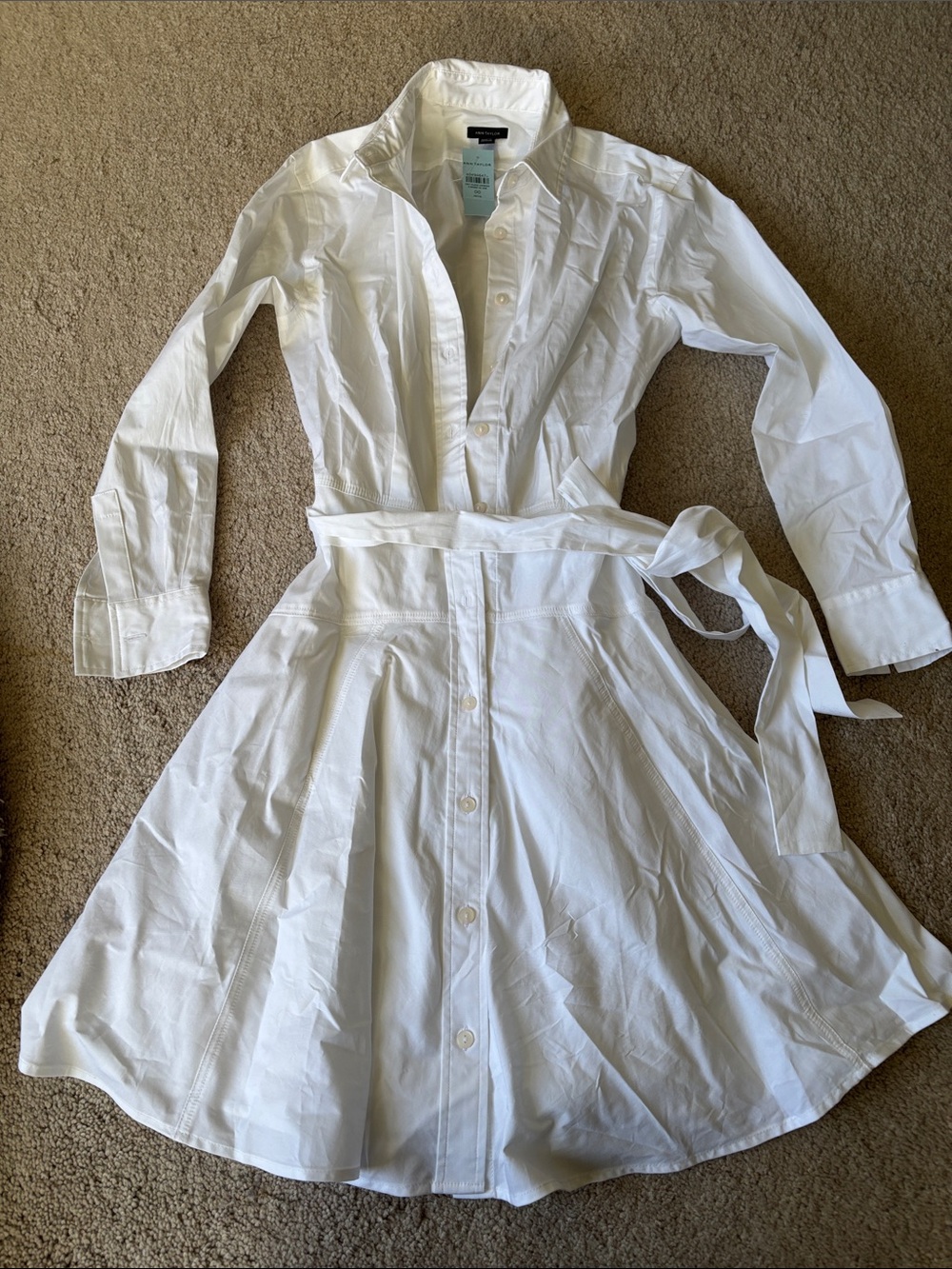 Ann Taylor White Button-Front Shirt Dress with Waist Tie - nwt 00P